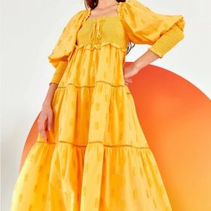 Farm Rio Yellow 3D Pineapple Midi Dress XS Cotton Smocked Tassel